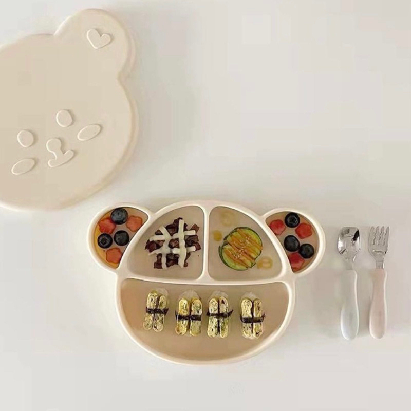 Khay Gấu Silicon Mumbebe Có Nắp Đậy Cho Bé Ăn Dặm, Khay Ăn Dặm Chia Ngăn Cao Cấp Cho Trẻ Mamabu