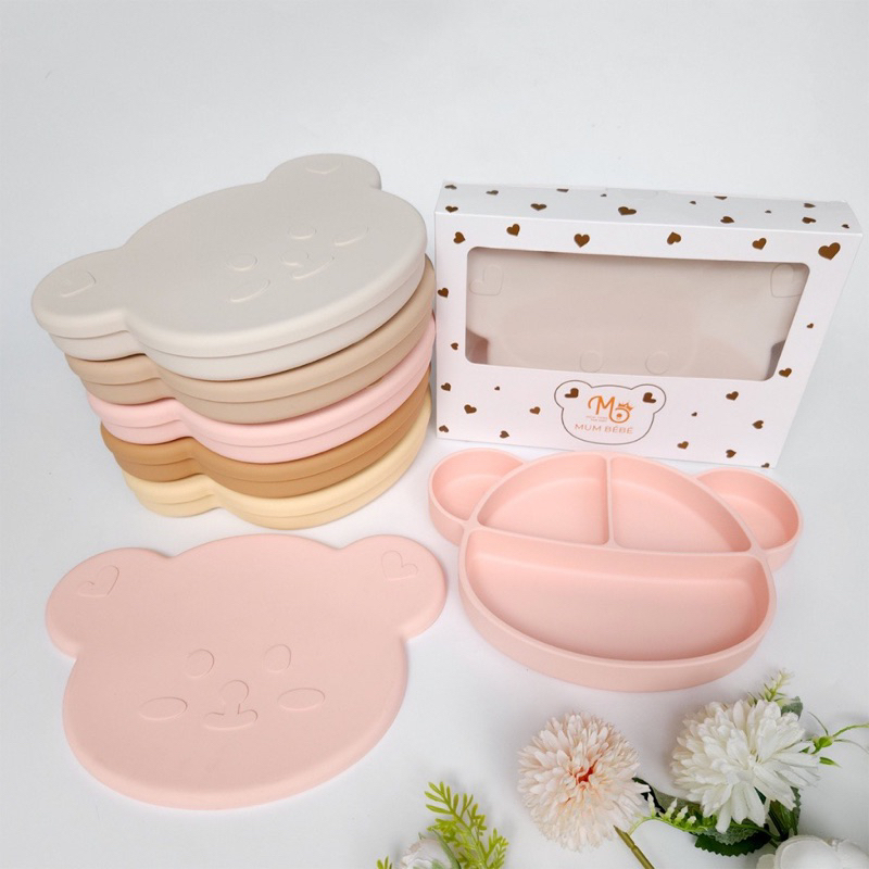 Khay Gấu Silicon Mumbebe Có Nắp Đậy Cho Bé Ăn Dặm, Khay Ăn Dặm Chia Ngăn Cao Cấp Cho Trẻ Mamabu