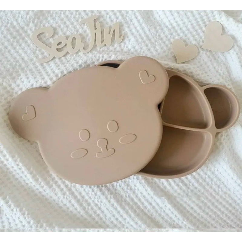Khay Gấu Silicon Mumbebe Có Nắp Đậy Cho Bé Ăn Dặm, Khay Ăn Dặm Chia Ngăn Cao Cấp Cho Trẻ Mamabu