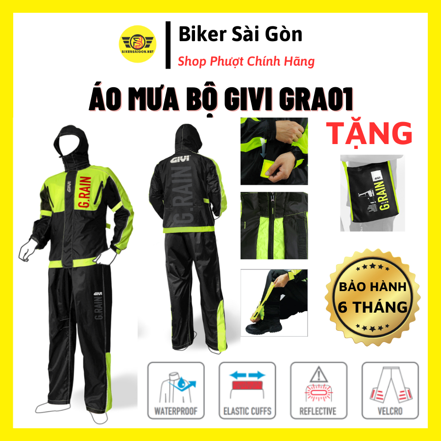 Áo Mưa Bộ Givi GRA01 - Bộ Áo Mưa Givi Chính Hãng, Bảo Hành Thấm Nước - Biker Sài Gòn