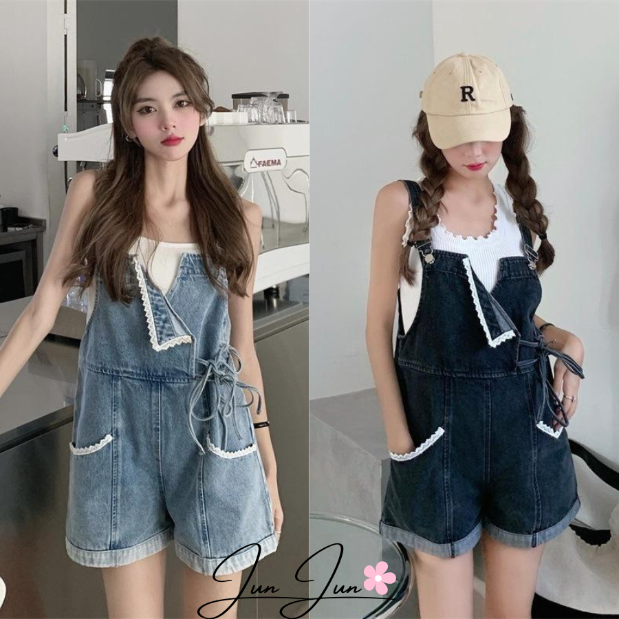 Quần yếm jeans short viền ren phối túi to thắt dây hông siêu phẩm cao cấp Hàn Quốc, dễ thương