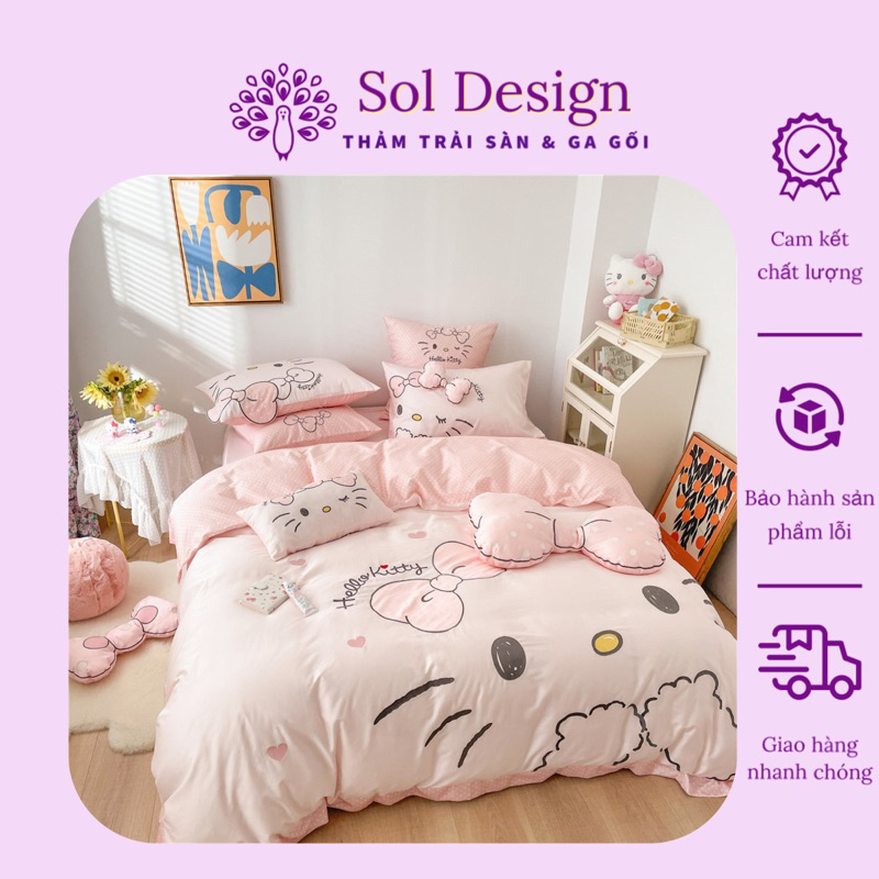 SET Chăn Ga Lụa 60S Kitty Kèm Gối Nơ Trang Trí Decor