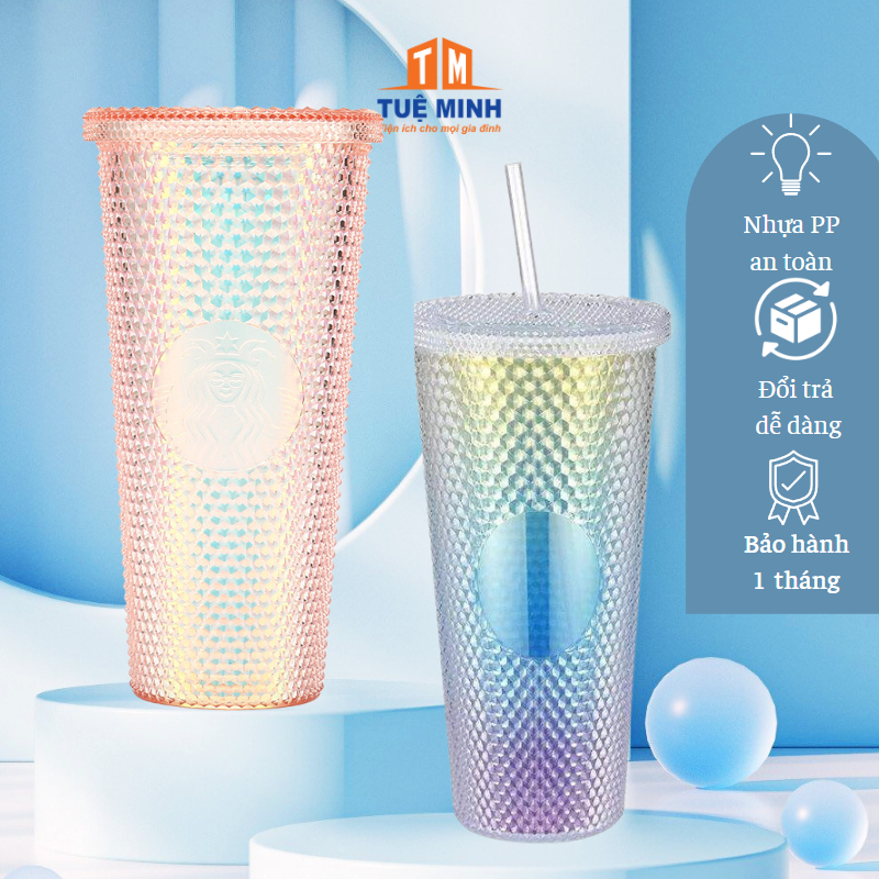 Ly uống nước nhựa trụ kim cương lấp lánh 700ml kèm ống hút nhựa PP mang nắp chống tràn có thể mang đi nhiều nơi