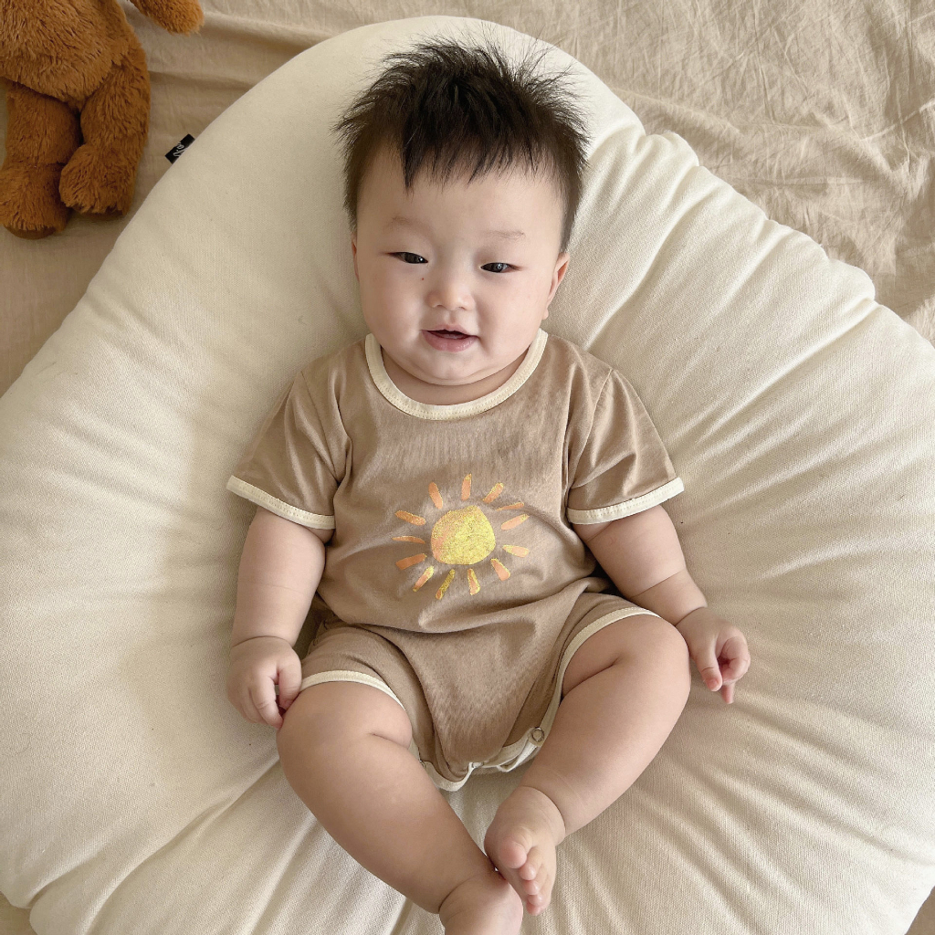 Body Đùi In Hình Mặt Trời, Bộ Liền Thân Cộc Tay Chất Thun Lạnh Thoáng Mát, Bodysuit Sơ Sinh 3-12kg