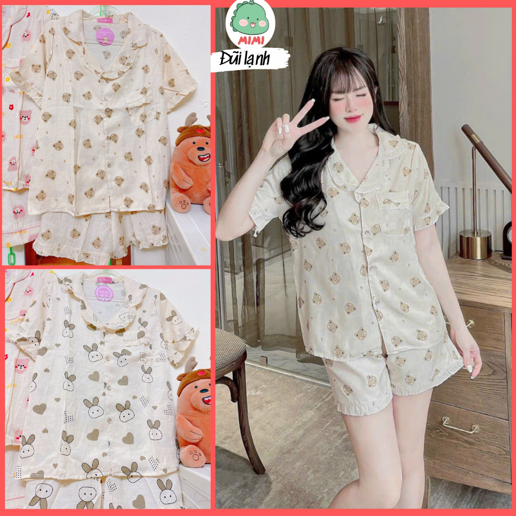 (Đũi lạnh) Set bộ Pyjama áo cộc quần đùi viền bèo hoạ tiết gấu cute dễ thương MiMi