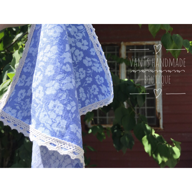 Khăn tay vải linen 1 lớp viền ren Vintage, quà tặng handmade