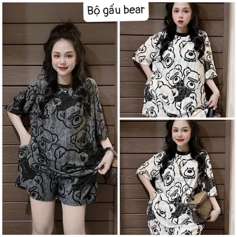 bộ bầu hình gấu cottong giấy ,áo dài rộng quần sooc đùi