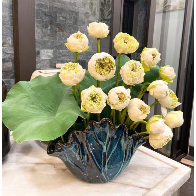 Bình hoa decor dáng lá sen - men lam hỏa biến. TẶNG kèm miếng định hình hỗ trợ cắm hoa
