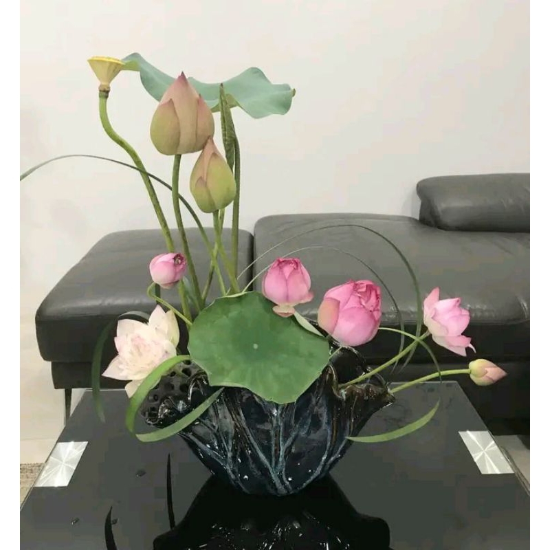 Bình hoa decor dáng lá sen - men lam hỏa biến. TẶNG kèm miếng định hình hỗ trợ cắm hoa