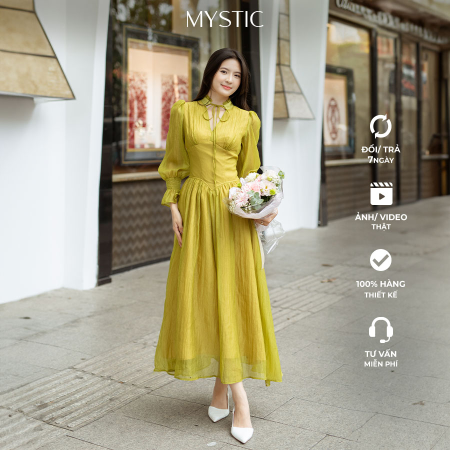 Đầm cổ tim thắt eo tay bồng thiết kế Mysticcollection RĐ1523