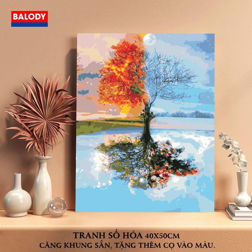 Tranh tô màu theo số,Tranh Sơn dầu Số hóa Phong cảnh cây 4 mùa 40x50cm BALODY có khung,màu,cọ,móc treo tường