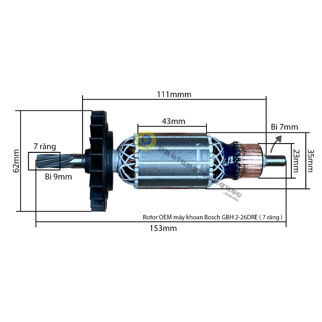 Rotor Máy Khoan 3 Chức Năng GBH 2-26 DRE Với Các Hãng Máy ACZ - Bosch - ASAKE Có Cùng Thông Số 100% Dây Đồng