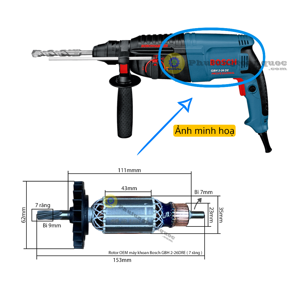 Rotor Máy Khoan 3 Chức Năng GBH 2-26 DRE Với Các Hãng Máy ACZ - Bosch - ASAKE Có Cùng Thông Số 100% Dây Đồng