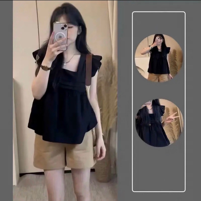 Set áo babydoll cánh tiên kèm quần short kiểu dáng tiểu thư