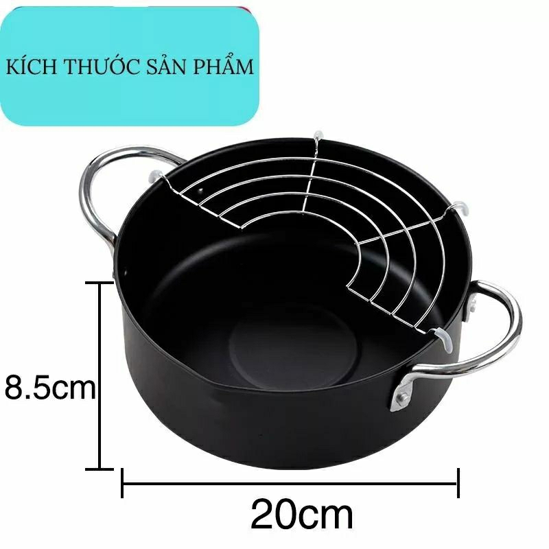 Size 20cm_Nồi chiên vân đá chống dính Nhật Tempura kèm vĩ gác ráo dầu