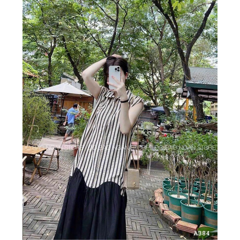 Váy bầu sơmi kẻ sát nách,dáng dài rộng