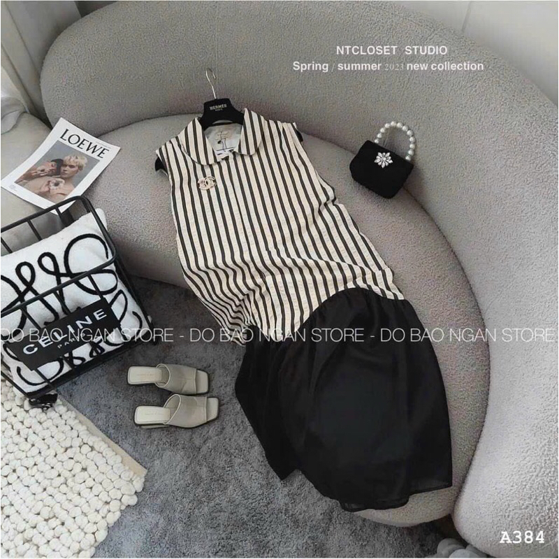 Váy bầu sơmi kẻ sát nách,dáng dài rộng