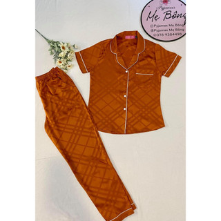 Đồ ngủ - đồ pyjamas lụa satin ca rô ngắn tay