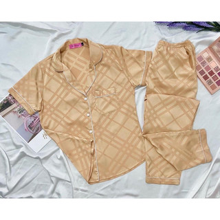 Đồ ngủ - đồ pyjamas lụa satin ca rô ngắn tay