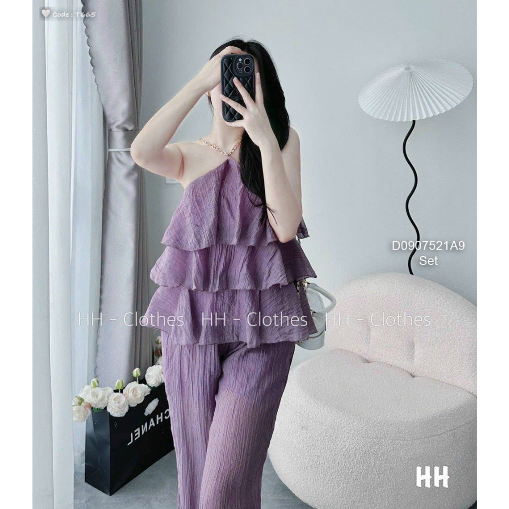 Set tơ áo yếm bèo tầng+ quần ống suông dài!