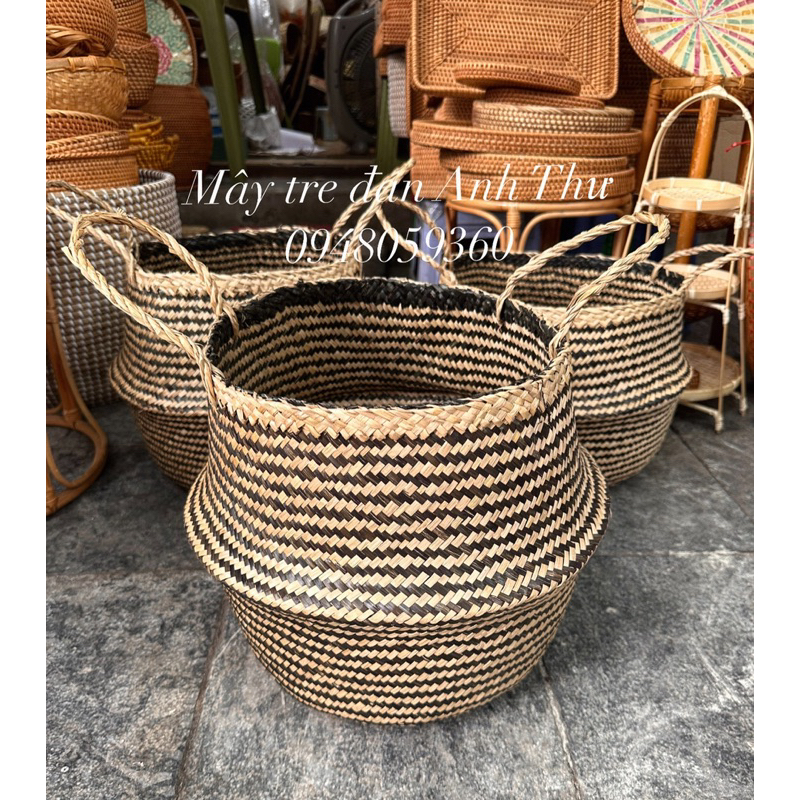 Bị cói tay cầm, bồ cói mềm đan hoạ tiết hàng xuất dư, đựng đồ, trồng cây hàng xuất khẩu (Ảnh thật)shop mây tre đanAnhThư