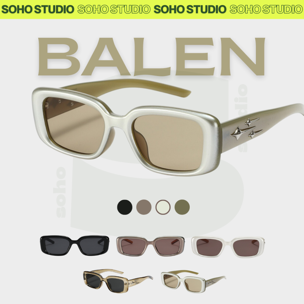 Kính mát nam nữ Soho Studio gọng chữ nhật BALEN nổi bật khung đen hiện đại đính kèm chi tiết kim loại bắt sáng, cản UV