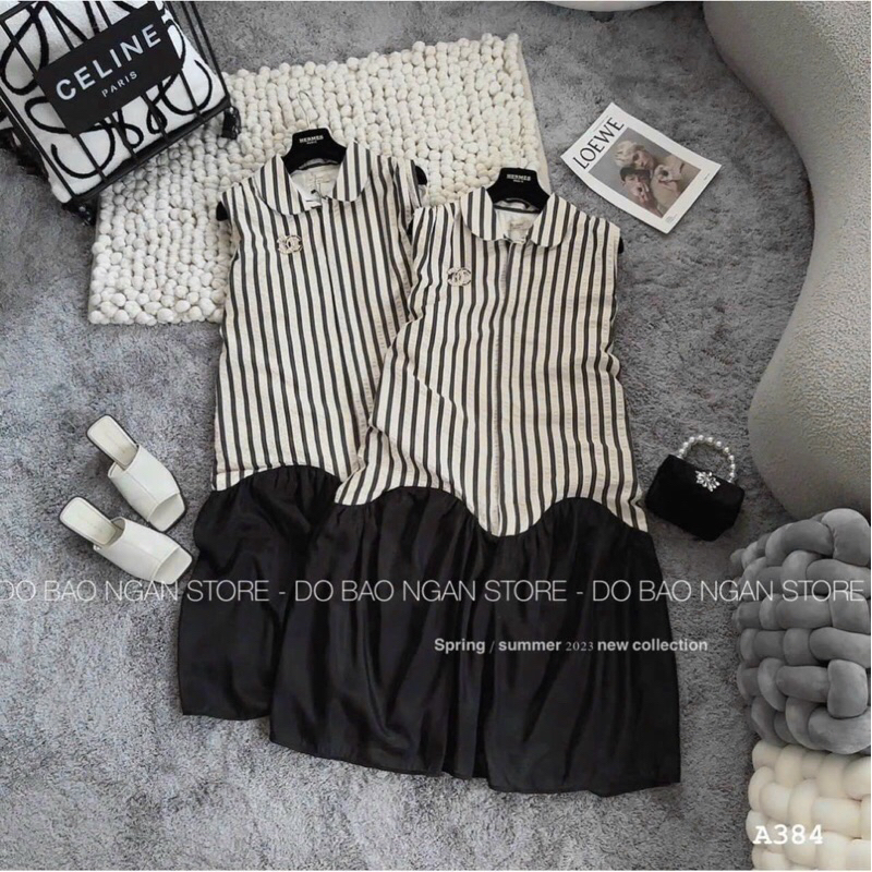 Váy bầu sơmi kẻ sát nách,dáng dài rộng