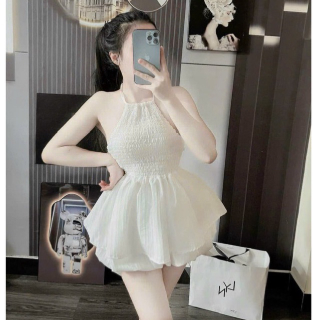set áo yếm nhún xoè quần đùi bí thời trang mặc nhà siêu xinh
