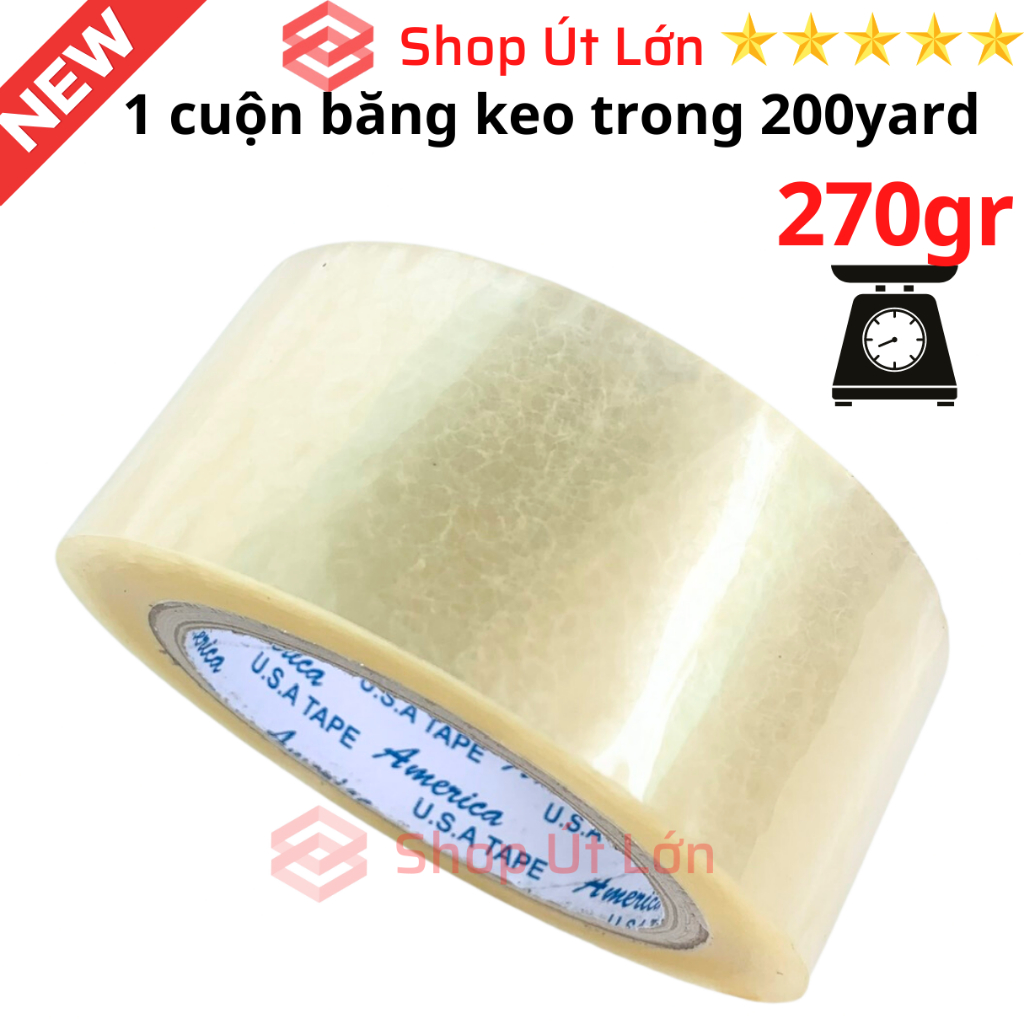 1 Cuộn băng keo trong, đục 200yard, nặng 270gram, rộng 4.7cm, lõi 5mm, 1 cây có 6 cuộn nặng 1.6kg