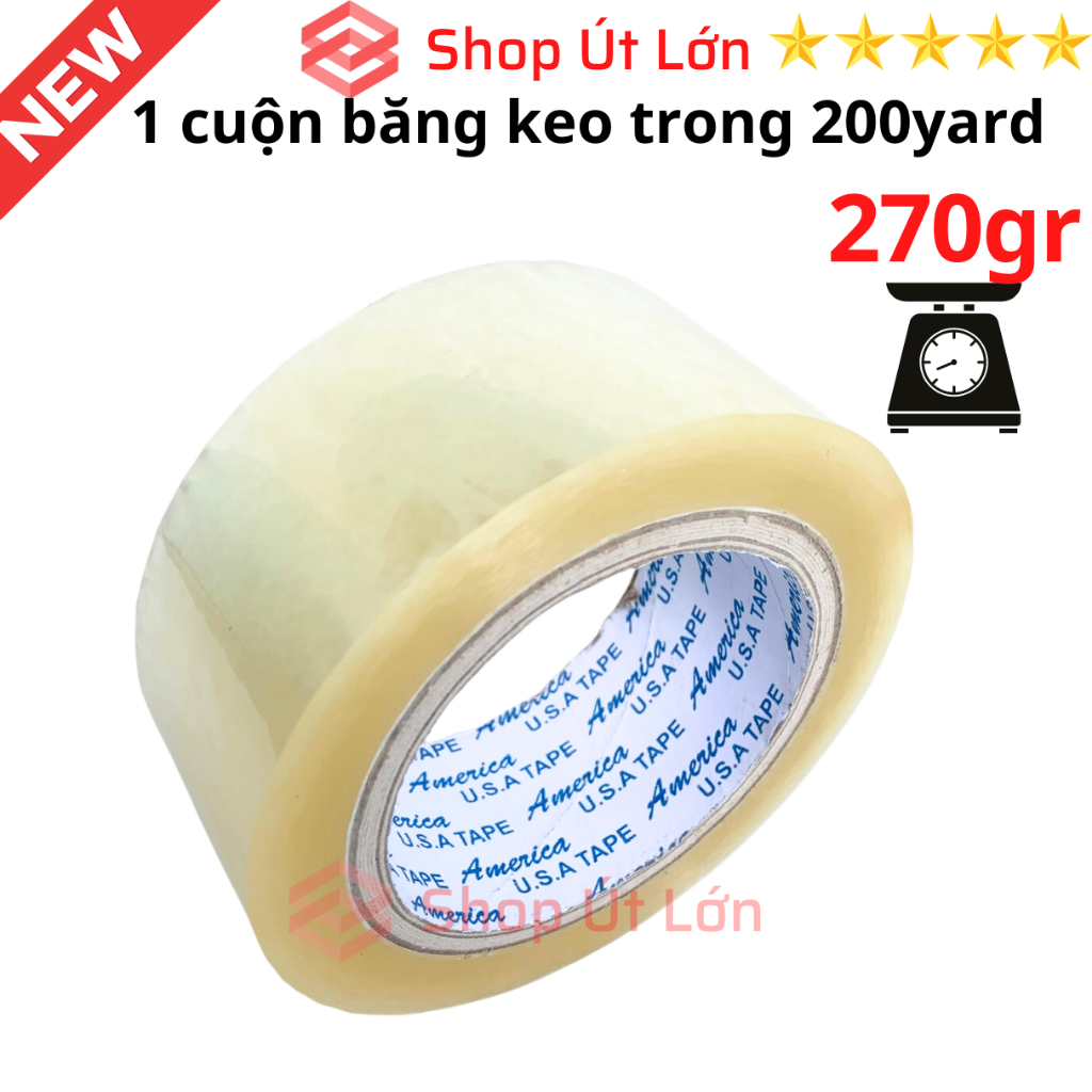 1 Cuộn băng keo trong, đục 200yard, nặng 270gram, rộng 4.7cm, lõi 5mm, 1 cây có 6 cuộn nặng 1.6kg
