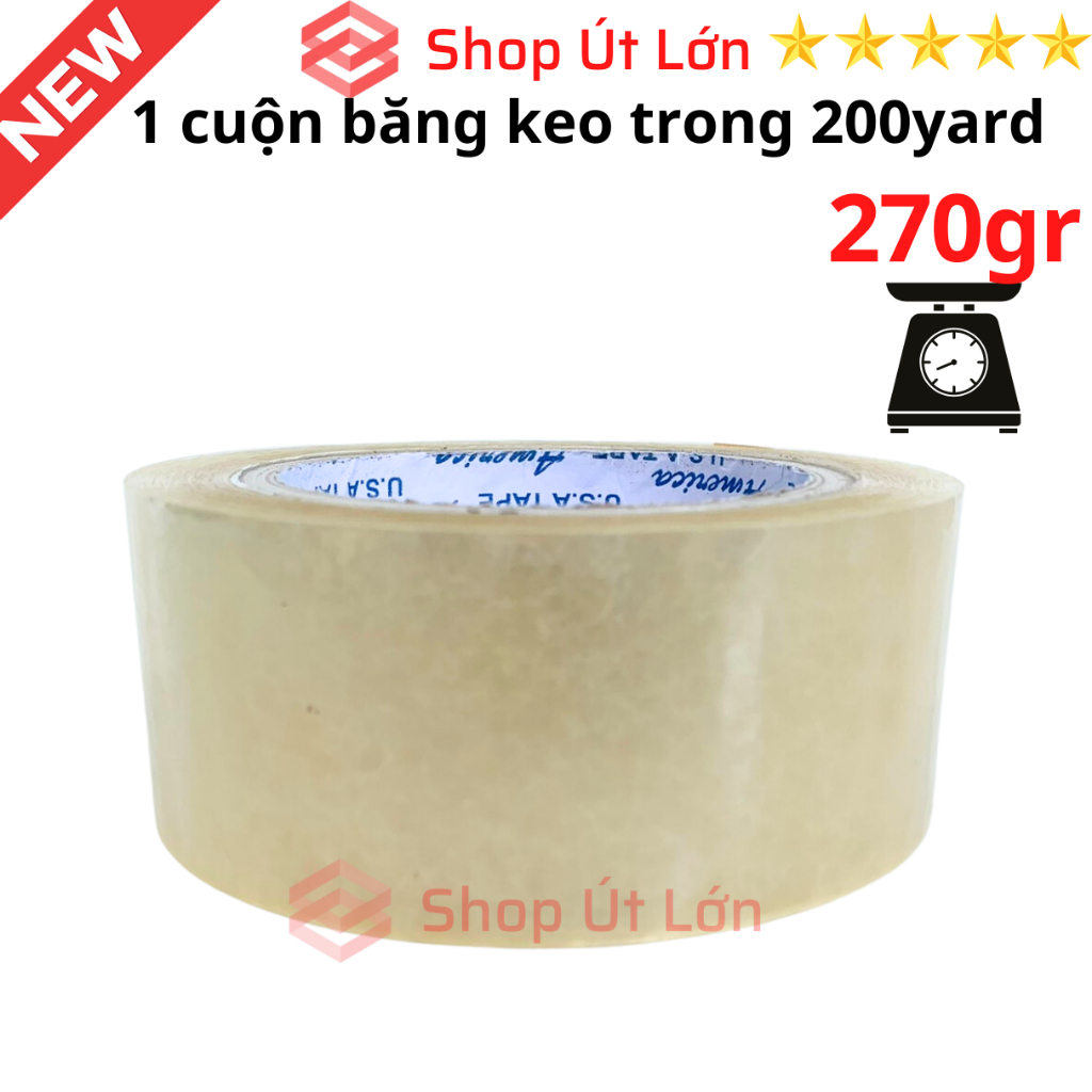 1 Cuộn băng keo trong, đục 200yard, nặng 270gram, rộng 4.7cm, lõi 5mm, 1 cây có 6 cuộn nặng 1.6kg