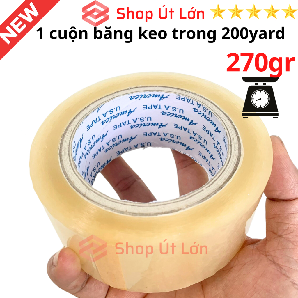 1 Cuộn băng keo trong, đục 200yard, nặng 270gram, rộng 4.7cm, lõi 5mm, 1 cây có 6 cuộn nặng 1.6kg