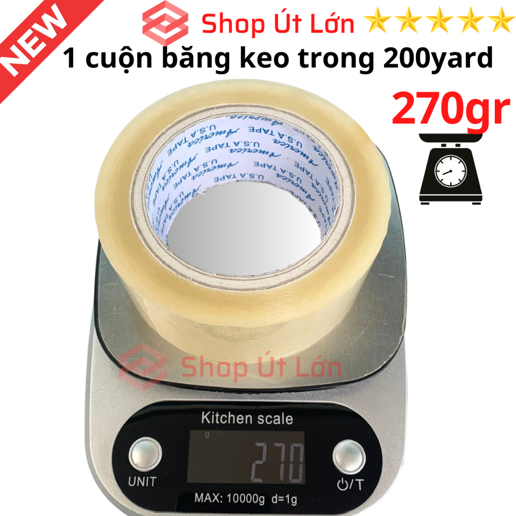 1 Cuộn băng keo trong, đục 200yard, nặng 270gram, rộng 4.7cm, lõi 5mm, 1 cây có 6 cuộn nặng 1.6kg