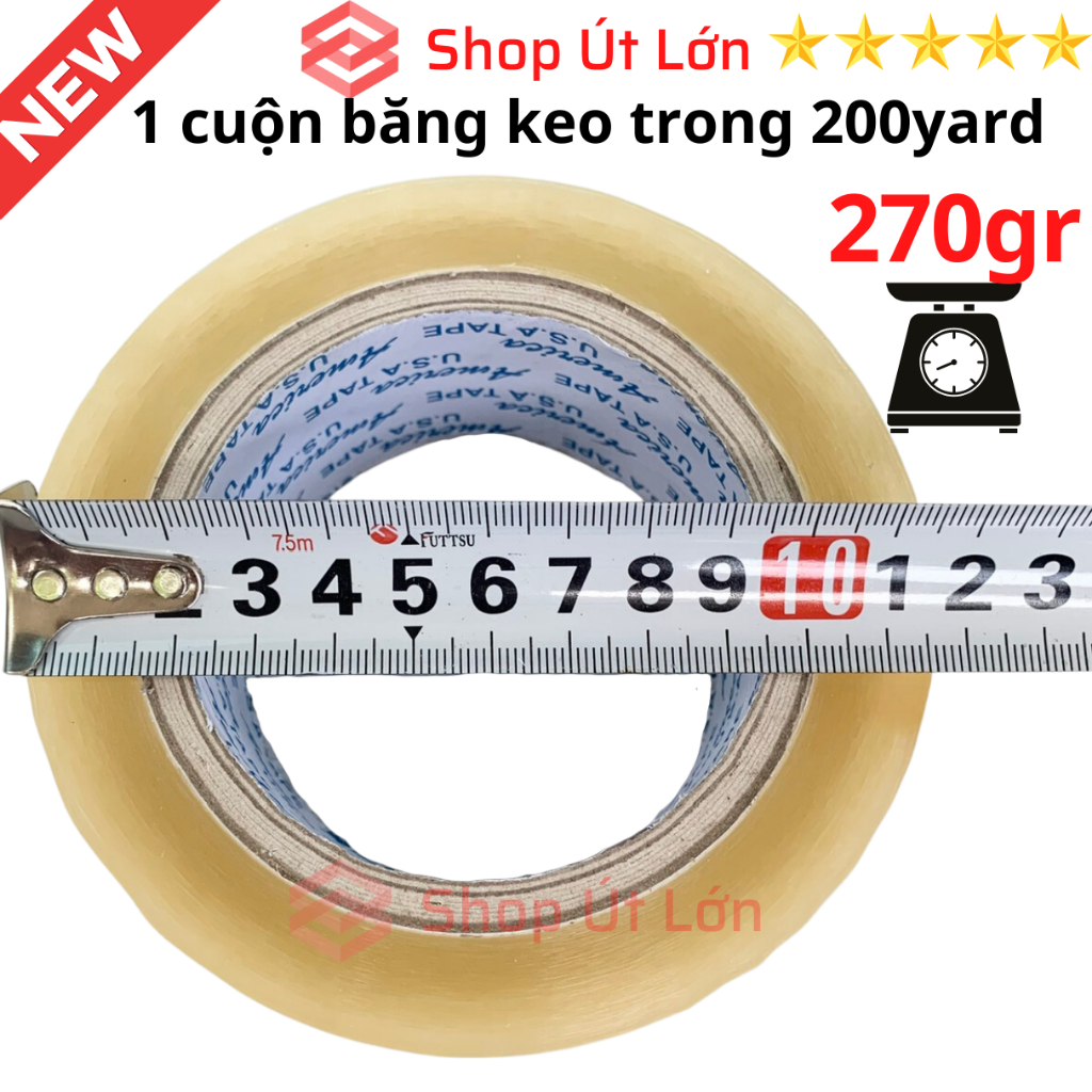 1 Cuộn băng keo trong, đục 200yard, nặng 270gram, rộng 4.7cm, lõi 5mm, 1 cây có 6 cuộn nặng 1.6kg