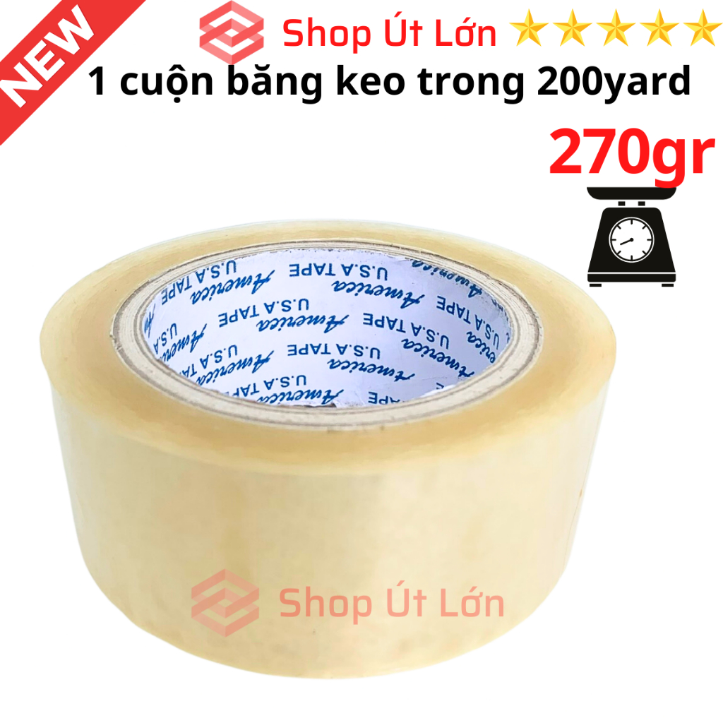 1 Cuộn băng keo trong, đục 200yard, nặng 270gram, rộng 4.7cm, lõi 5mm, 1 cây có 6 cuộn nặng 1.6kg