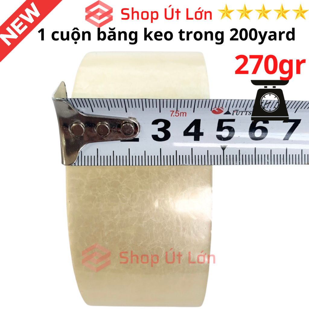 1 Cuộn băng keo trong, đục 200yard, nặng 270gram, rộng 4.7cm, lõi 5mm, 1 cây có 6 cuộn nặng 1.6kg