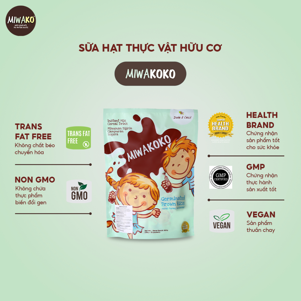 Sữa Công Thức Hạt Thực Vật Hữu Cơ Miwako Vị Gạo, A+ Vị Vani Và Vị Cacao Gói 30g - Miwako Việt Nam