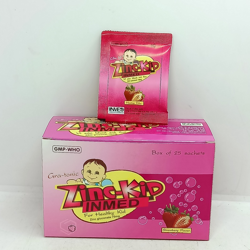 Cốm bổ sung kẽm Zinc Kid Kẽm Gluconat 70mg Inmed - PIZYMAX hộp 25 gói Hương dâu cho trẻ còi xương phụ nữ mang thai