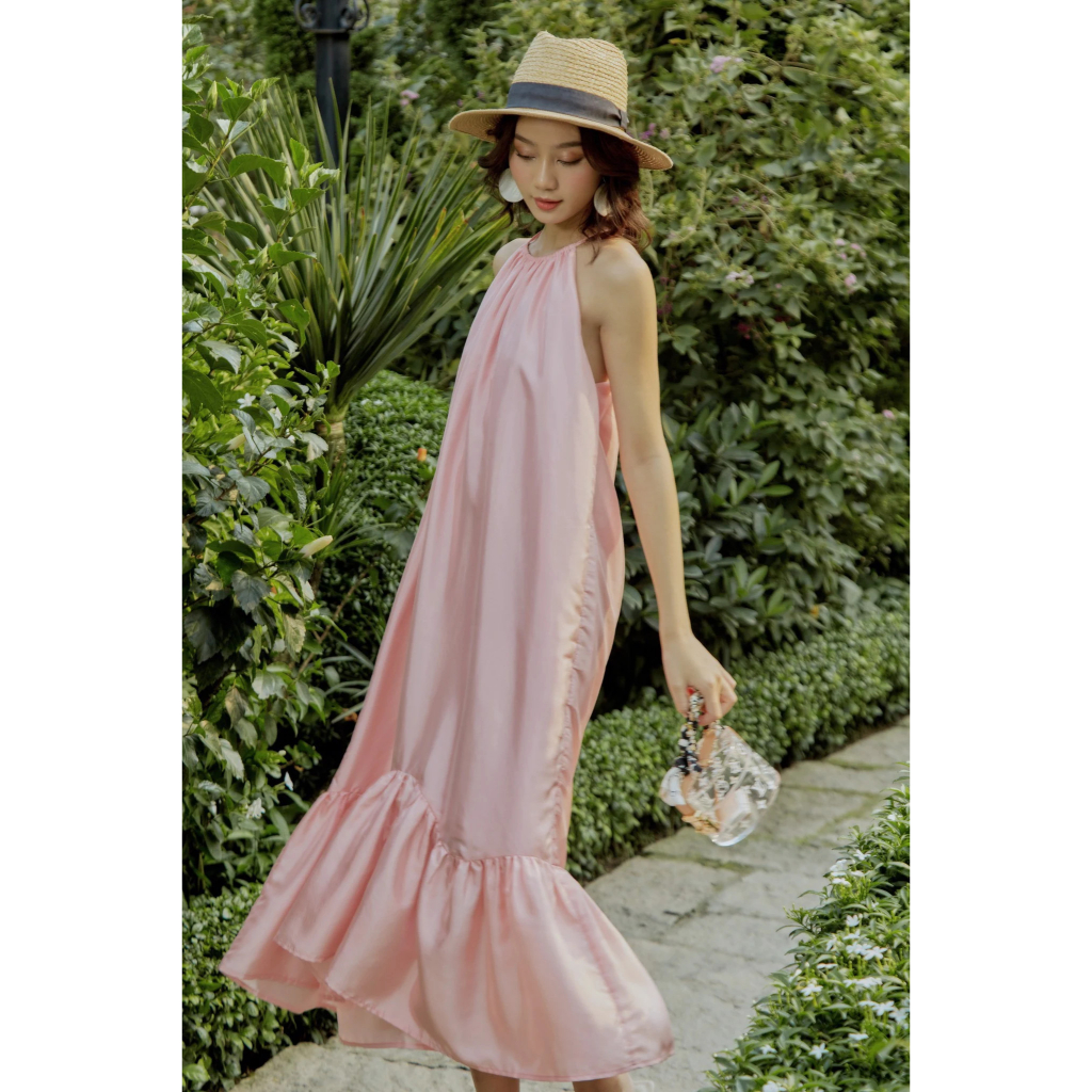 Đầm yếm maxi phối nhún phối khoen - Everluxe