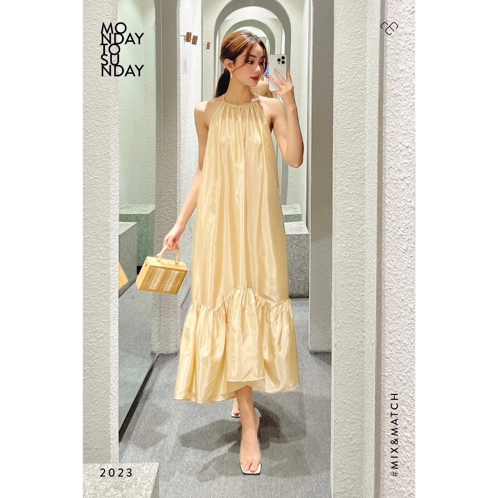 Đầm yếm maxi phối nhún phối khoen - Everluxe