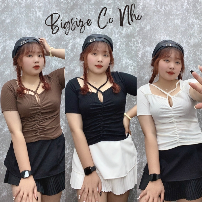 Áo thun bigsize nữ tay ngắn kiểu nhún thân trước có dây chéo cổ chất gân tăm cho nàng Chubby 58-95kg - G107