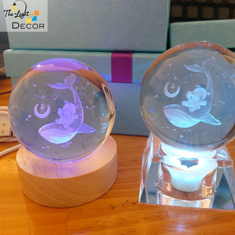 Bộ Quà Tặng Quả Cầu Pha Lê 3D larser LED cá heo gấu trăng dễ thương 6cm