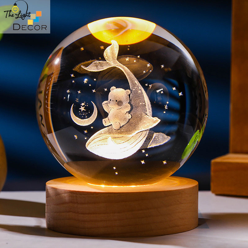Bộ Quà Tặng Quả Cầu Pha Lê 3D larser LED cá heo gấu trăng dễ thương 6cm