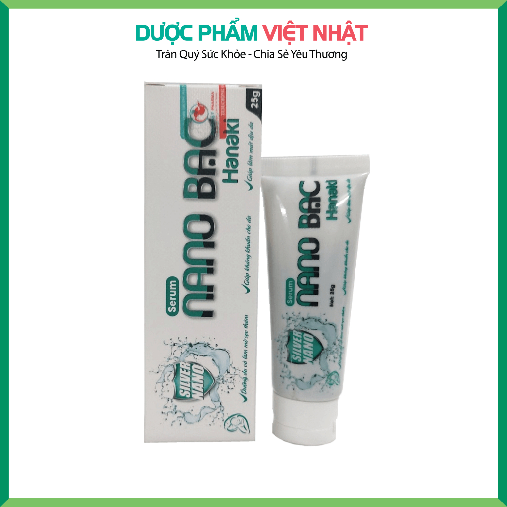 Serum Nano Bạc Hanaki giúp kháng khuẩn, làm dịu da, dưỡng da và làm mờ sẹo thâm. Dạng tuýp