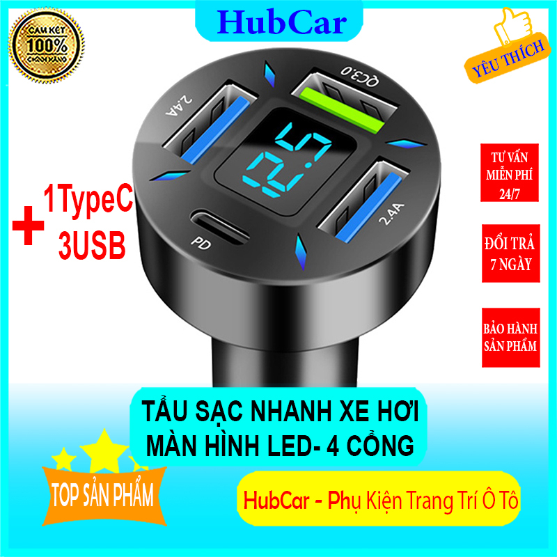 Cốc Sạc Tẩu Sạc Nhanh Thông Minh QC3.0, 4 Cổng USB Đa Năng Có Màn Hình LED Hiển Thị Tiện Lợi Cho Ô Tô