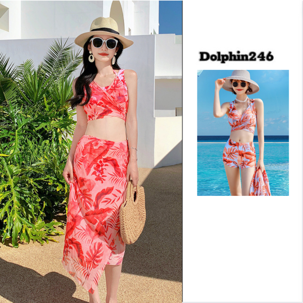 Bikini set 3 chi tiết đi biển cho nữ họa tiết hoa lá rực rỡ nhiều màu sắc nổi bật áo kèm quần và khăn choàng 26001 A-21
