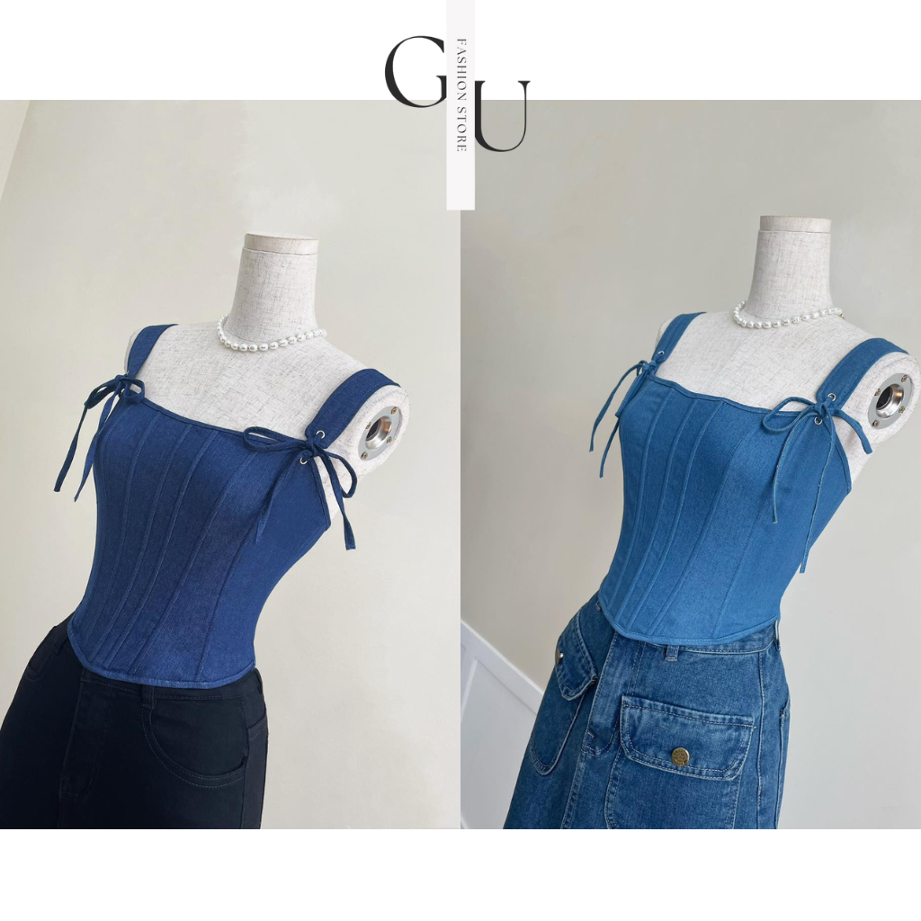 Áo jean corset nữ 2 dây phong cách cá tính, áo croptop nữ jean có cúp ngực