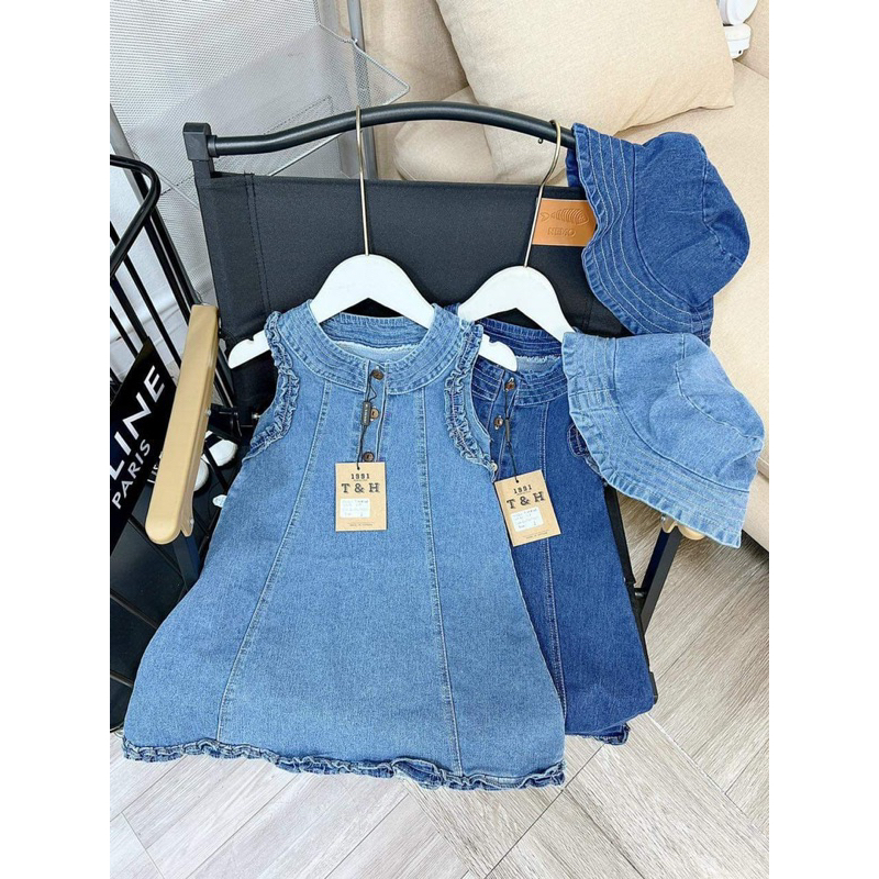 Váy jean bò viền bèo kèm mũ cho bé gái V0160