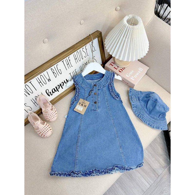 Váy jean bò viền bèo kèm mũ cho bé gái V0160