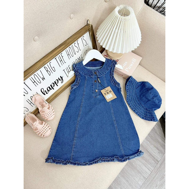 Váy jean bò viền bèo kèm mũ cho bé gái V0160